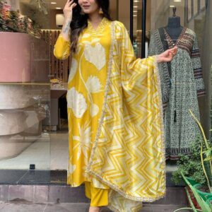 Yellow printed staright suit set
