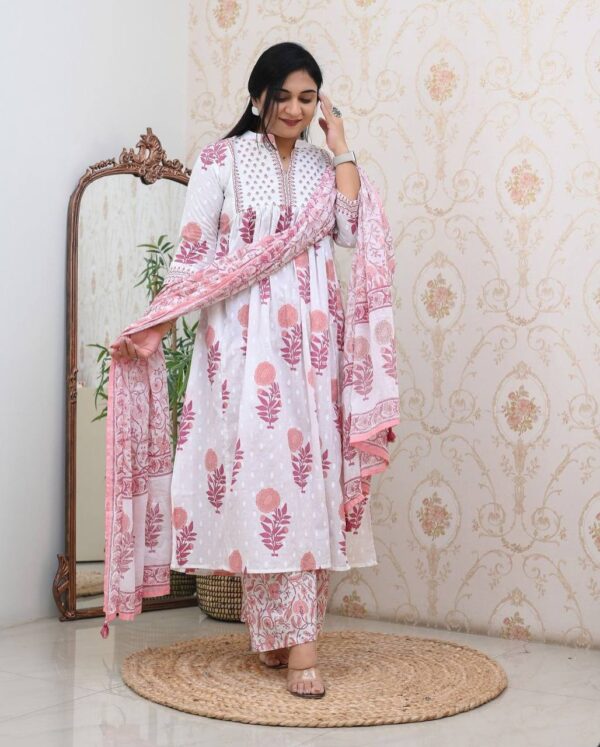 Designer Fine Cotton Suit set Full Flaired block Print stright Suit - Image 2