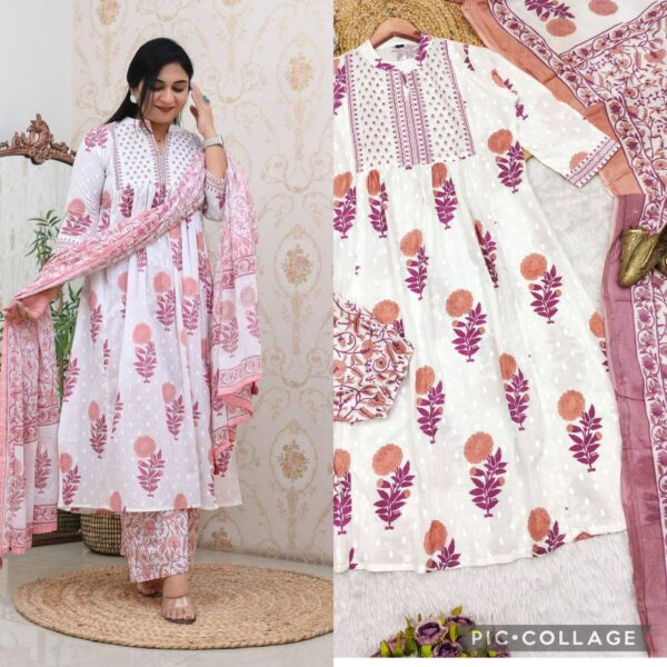 Designer Fine Cotton Suit set Full Flaired block Print stright Suit - Image 3