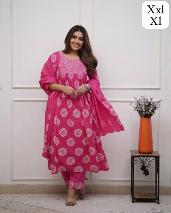 Fine Cotton Suit set Full Flaired block Print stright Suit - Image 5