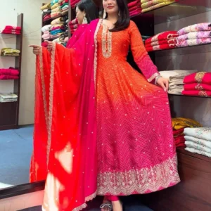 Orange and pink embroidered Anarkali gown set with matching dupatta – festive and wedding collection