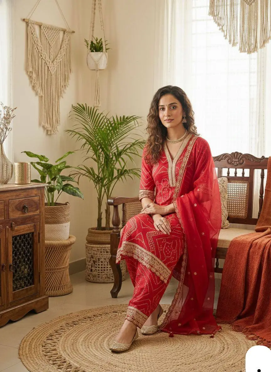 Women’s red ethnic suit with golden embroidery and dupatta, elegant festive wear outfit