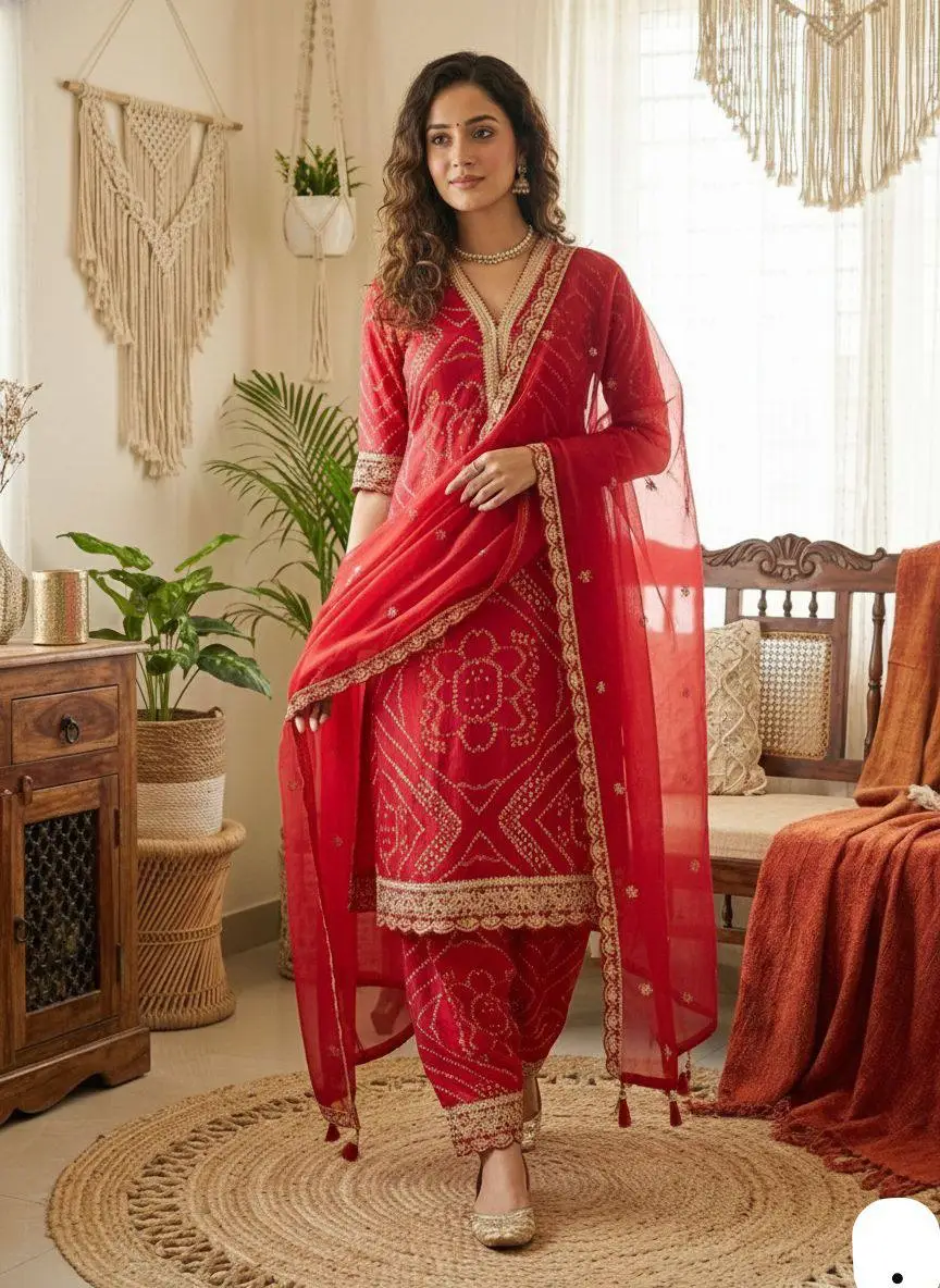 Traditional red kurta set for women featuring detailed embroidery and matching dupatta