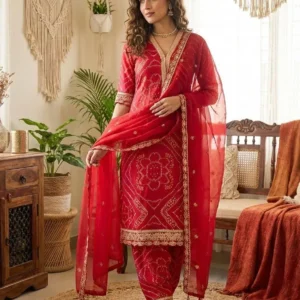 Red embroidered kurta set for women with dupatta, traditional ethnic wear for weddings and festivals