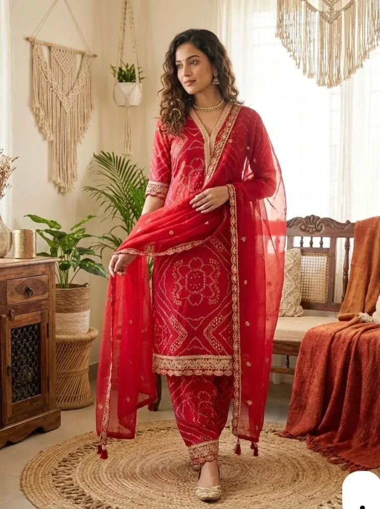 Red embroidered kurta set for women with dupatta, traditional ethnic wear for weddings and festivals