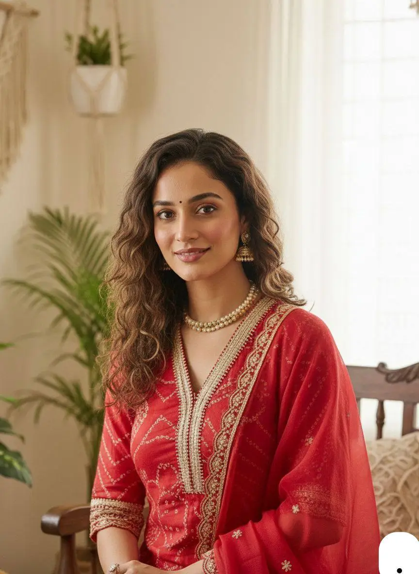 Stylish red kurta pant set with dupatta and intricate embroidery, perfect wedding wear for women