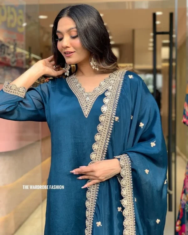 Teal Blue Embroidered Straight Kurta Set with Sharara & Dupatta - Image 3