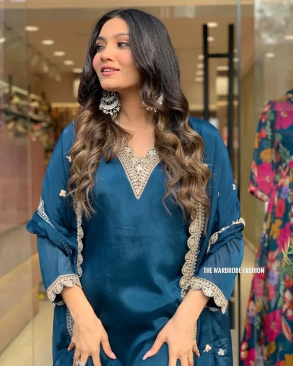 Teal Blue Embroidered Straight Kurta Set with Sharara & Dupatta - Image 4