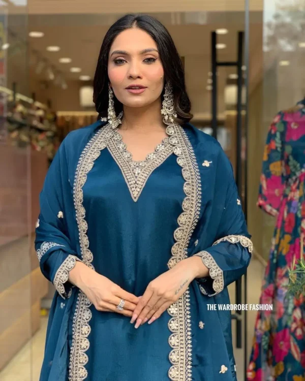 Teal Blue Embroidered Straight Kurta Set with Sharara & Dupatta - Image 5