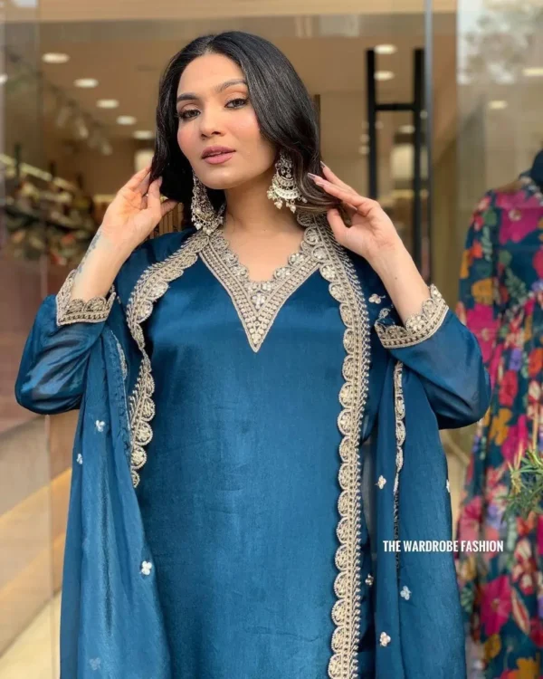 Teal Blue Embroidered Straight Kurta Set with Sharara & Dupatta - Image 7