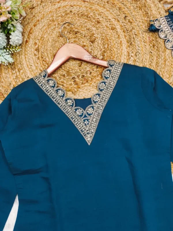 Teal Blue Embroidered Straight Kurta Set with Sharara & Dupatta - Image 9