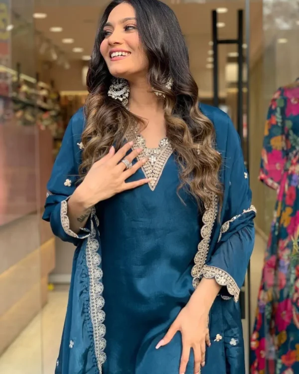 Teal Blue Embroidered Straight Kurta Set with Sharara & Dupatta - Image 10
