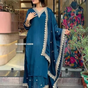 Teal Blue Embroidered Straight Kurta Set with Sharara & Dupatta
