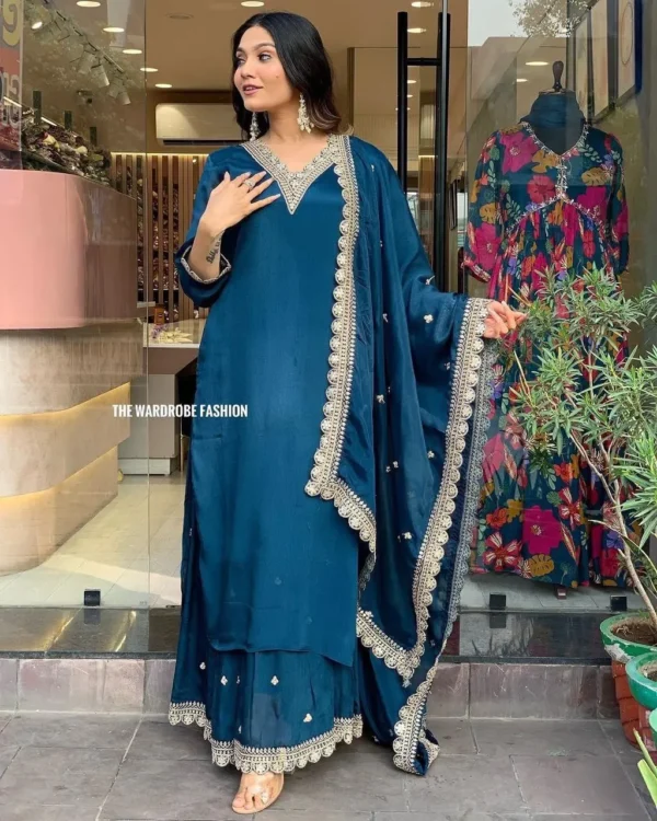 Teal Blue Embroidered Straight Kurta Set with Sharara & Dupatta