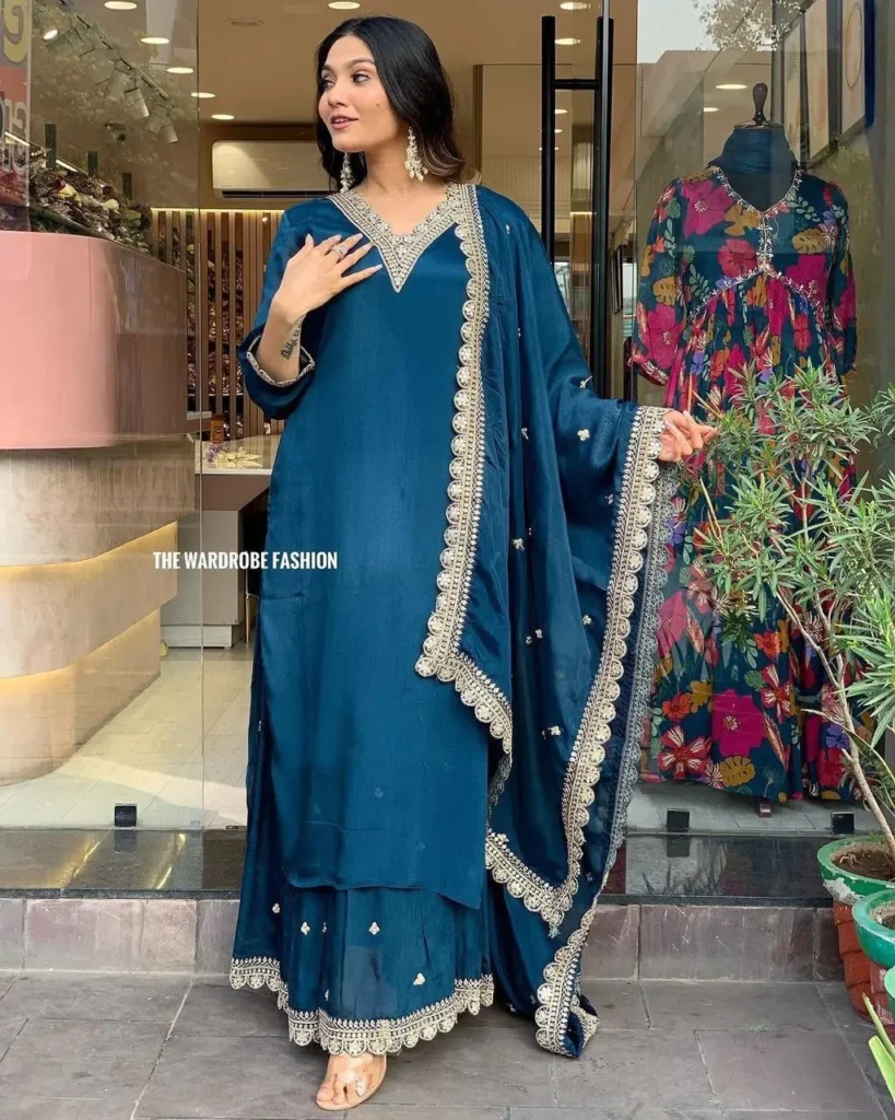 Teal Blue Embroidered Straight Kurta Set with Sharara & Dupatta