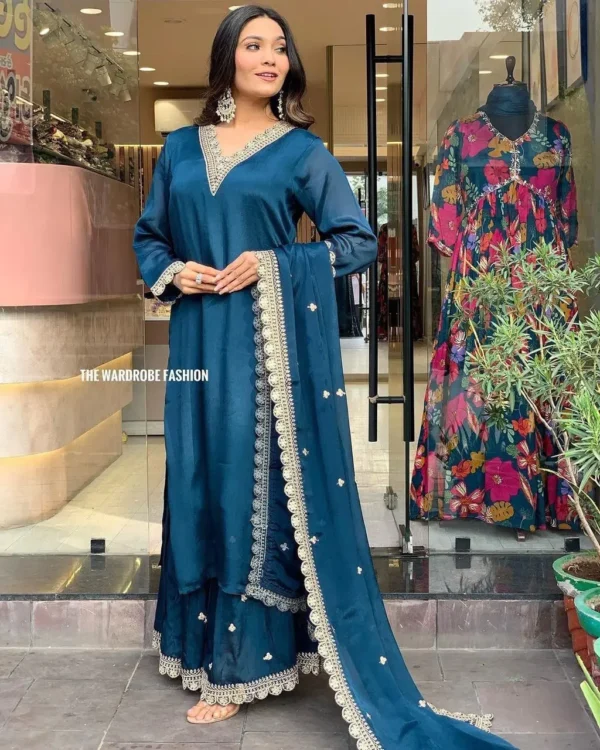 Teal Blue Embroidered Straight Kurta Set with Sharara & Dupatta - Image 11