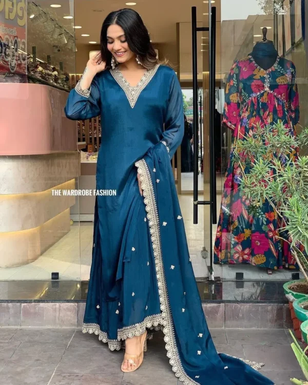 Teal Blue Embroidered Straight Kurta Set with Sharara & Dupatta - Image 12