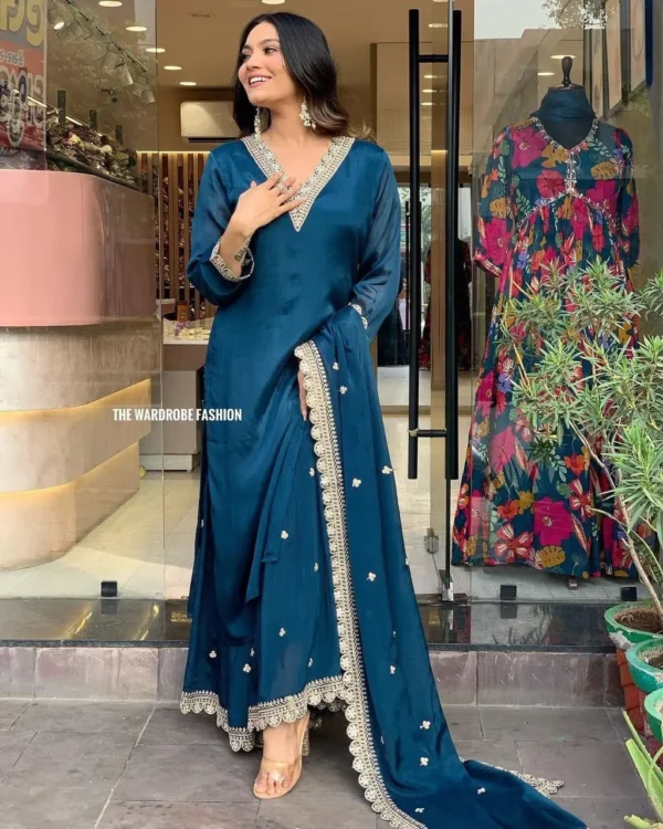 Teal Blue Embroidered Straight Kurta Set with Sharara & Dupatta - Image 14