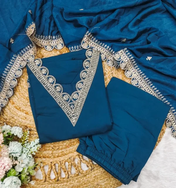 Teal Blue Embroidered Straight Kurta Set with Sharara & Dupatta - Image 15