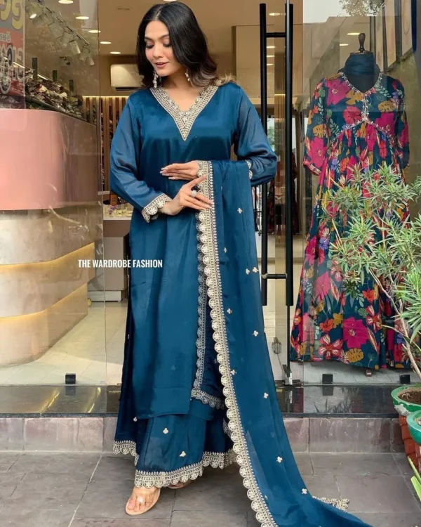Teal Blue Embroidered Straight Kurta Set with Sharara & Dupatta - Image 16
