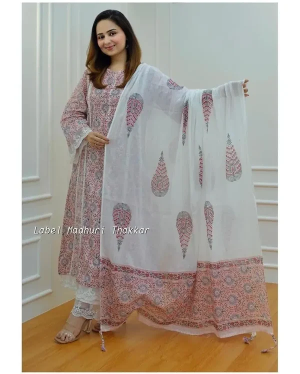 White Printed Cotton Three‑Piece Kurta Set with Sharara & Dupatta - Image 8