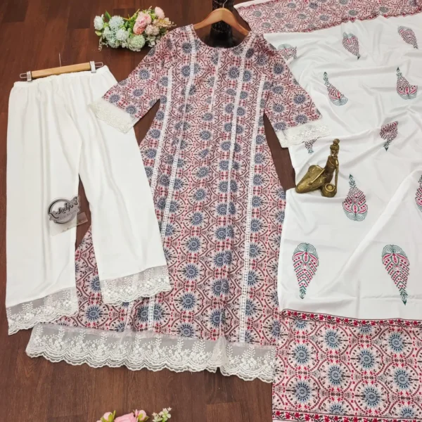 White Printed Cotton Three‑Piece Kurta Set with Sharara & Dupatta - Image 15
