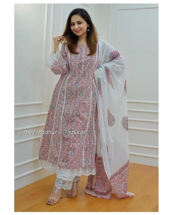 White Printed Cotton Three‑Piece Kurta Set with Sharara & Dupatta - Image 9