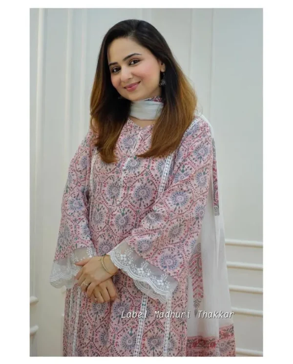White Printed Cotton Three‑Piece Kurta Set with Sharara & Dupatta - Image 3