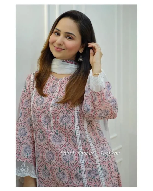 White Printed Cotton Three‑Piece Kurta Set with Sharara & Dupatta - Image 5