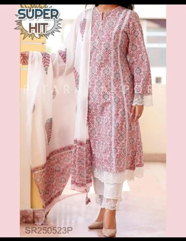 White Printed Cotton Three‑Piece Kurta Set with Sharara & Dupatta - Image 7