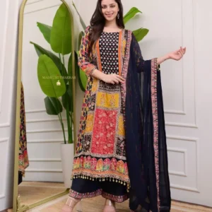 Woman wearing an elegant green embroidered kurta with plazzo set and dupatta – perfect ethnic wear for festive occasions