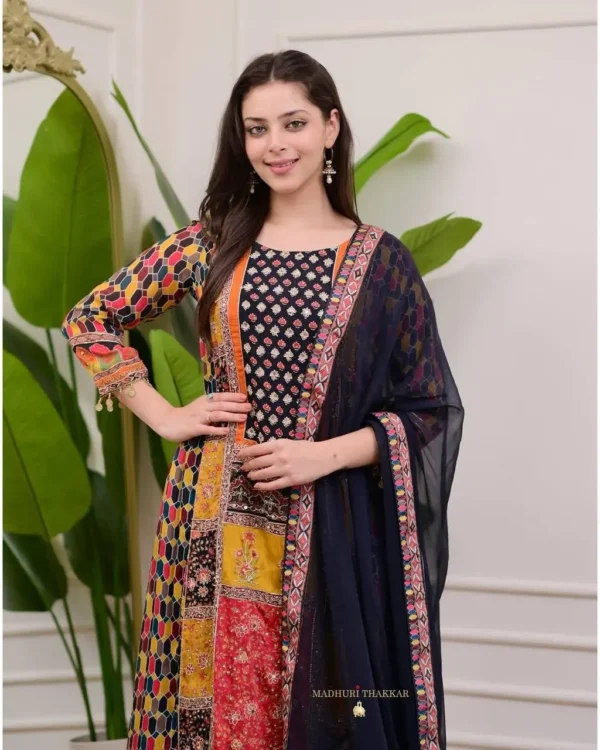 Multicolor Patchwork Kurta Set with Navy Blue Dupatta - Image 5