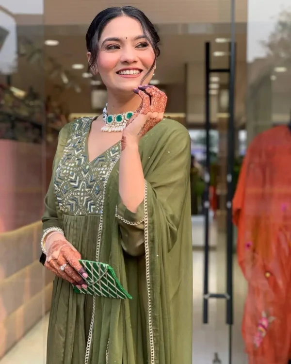 Olive Green Embroidered Plazzo Suit Set for Festive Wear - Image 2