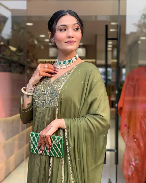 Olive Green Embroidered Plazzo Suit Set for Festive Wear - Image 3