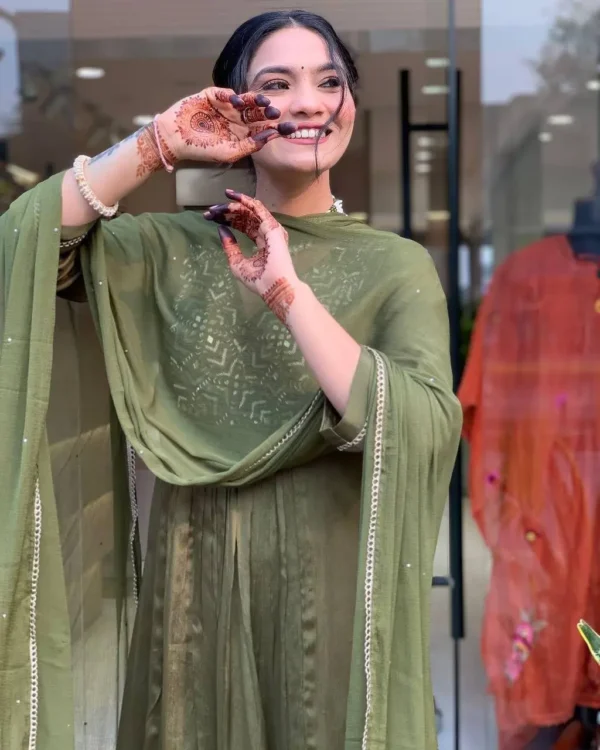 Olive Green Embroidered Plazzo Suit Set for Festive Wear - Image 4