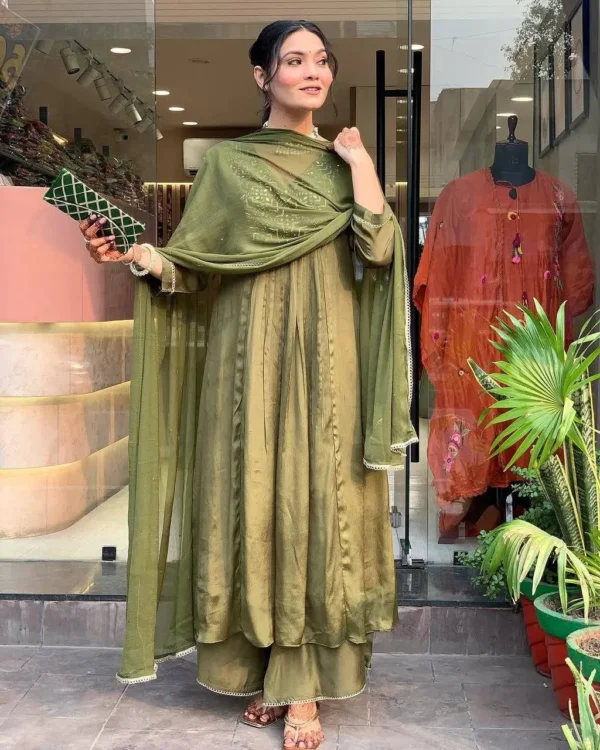 Olive Green Embroidered Plazzo Suit Set for Festive Wear - Image 5