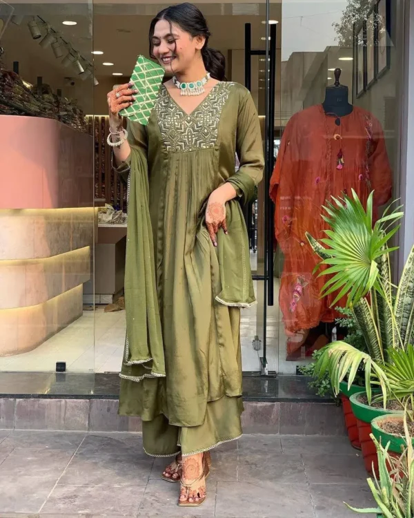 Olive Green Embroidered Plazzo Suit Set for Festive Wear - Image 6