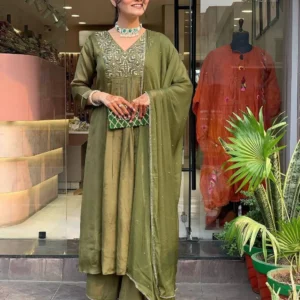 Woman wearing olive green embroidered kurta set with sequin detailing and matching dupatta – festive Indian ethnic wear