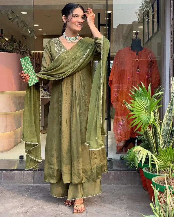 Olive Green Embroidered Plazzo Suit Set for Festive Wear - Image 7