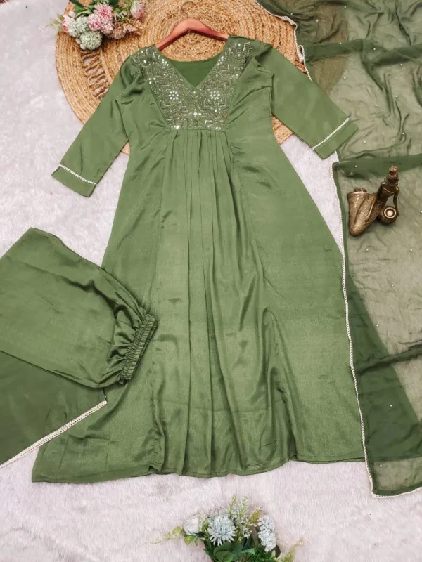 Olive Green Embroidered Plazzo Suit Set for Festive Wear - Image 10