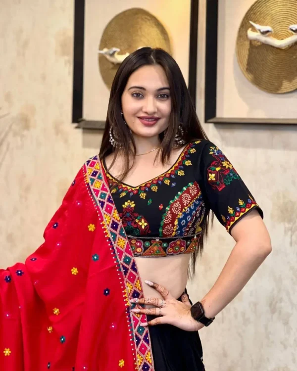 Navratri- Black Embroidered Chaniya Choli with Red Dupatta - Image 2