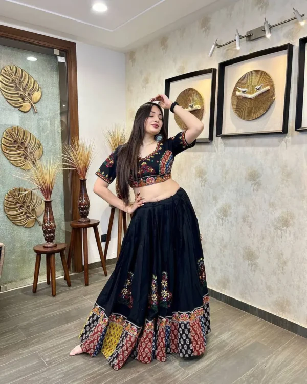 Navratri- Black Embroidered Chaniya Choli with Red Dupatta - Image 3
