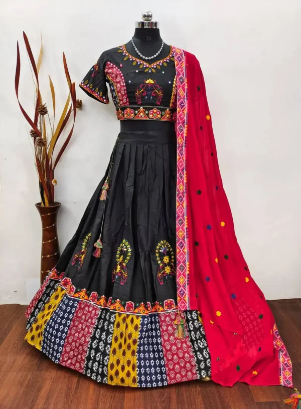 Navratri- Black Embroidered Chaniya Choli with Red Dupatta - Image 6