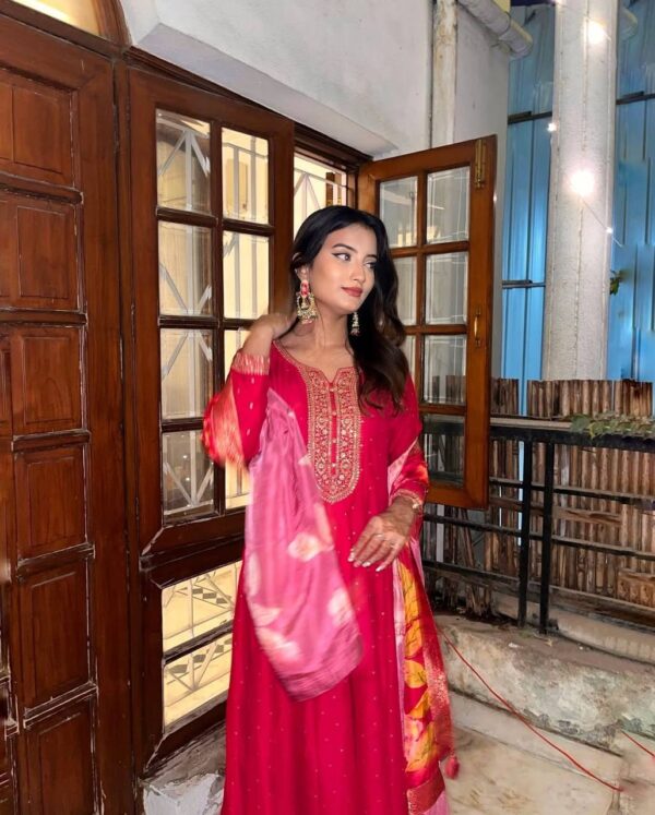 Dark Pink Embroidered Kurta Set with Dupatta for Festive & Wedding Wear - Image 2