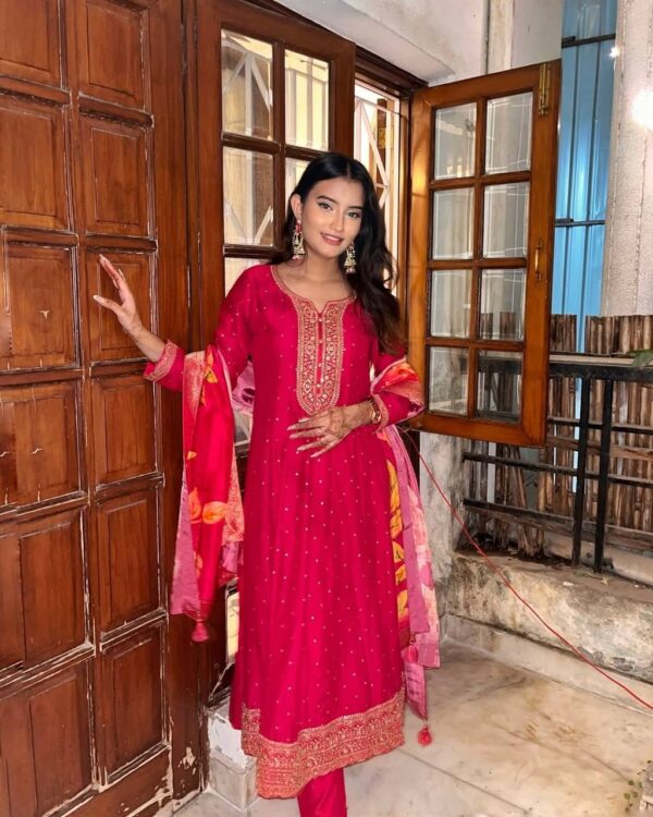 Dark Pink Embroidered Kurta Set with Dupatta for Festive & Wedding Wear - Image 4
