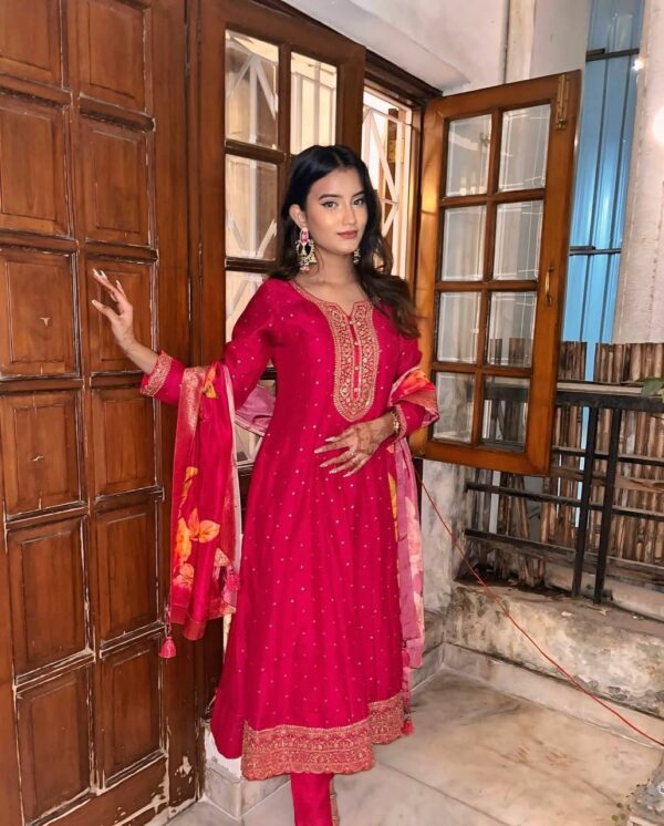 Dark Pink Embroidered Kurta Set with Dupatta for Festive & Wedding Wear - Image 5