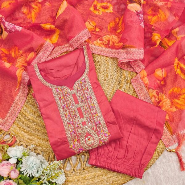 Dark Pink Embroidered Kurta Set with Dupatta for Festive & Wedding Wear - Image 6