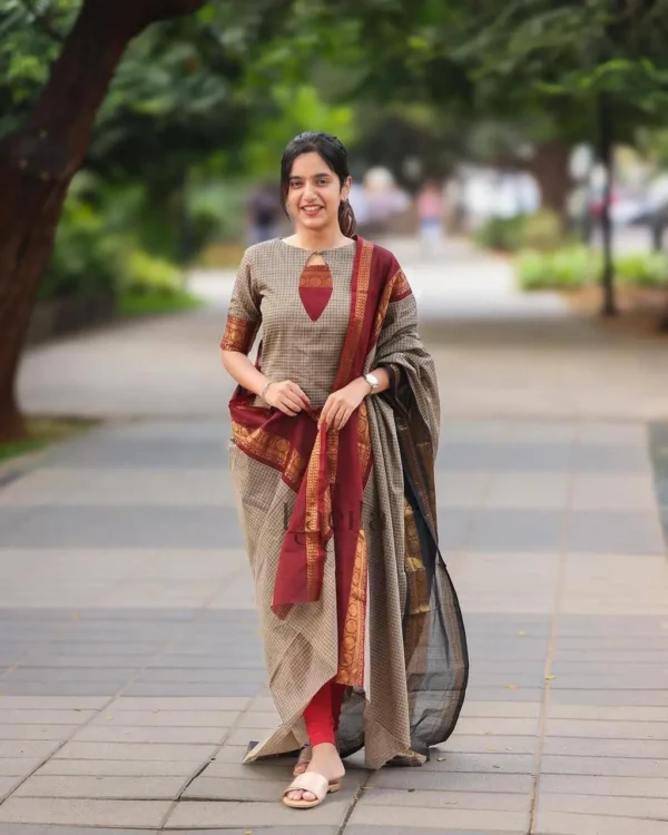 Checked Cotton Kurta Set with Red Leggings & Silk Dupatta for Everyday Elegance - Image 2