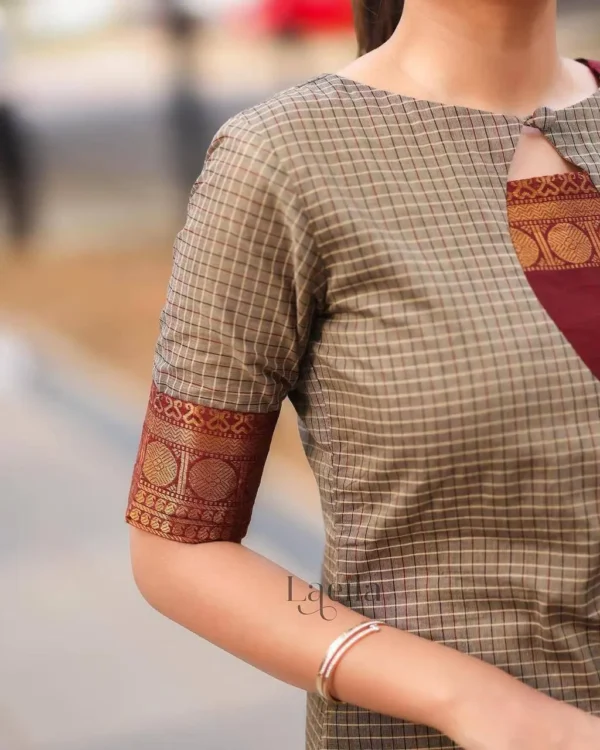Checked Cotton Kurta Set with Red Leggings & Silk Dupatta for Everyday Elegance - Image 3