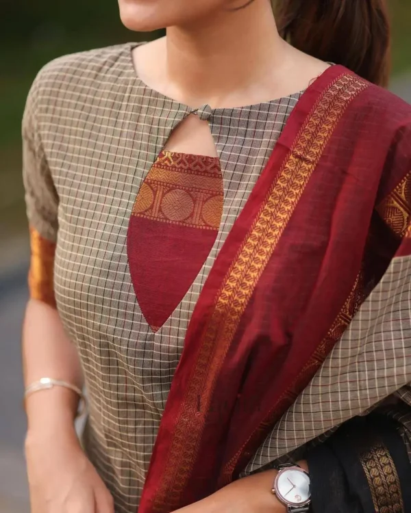 Checked Cotton Kurta Set with Red Leggings & Silk Dupatta for Everyday Elegance - Image 4